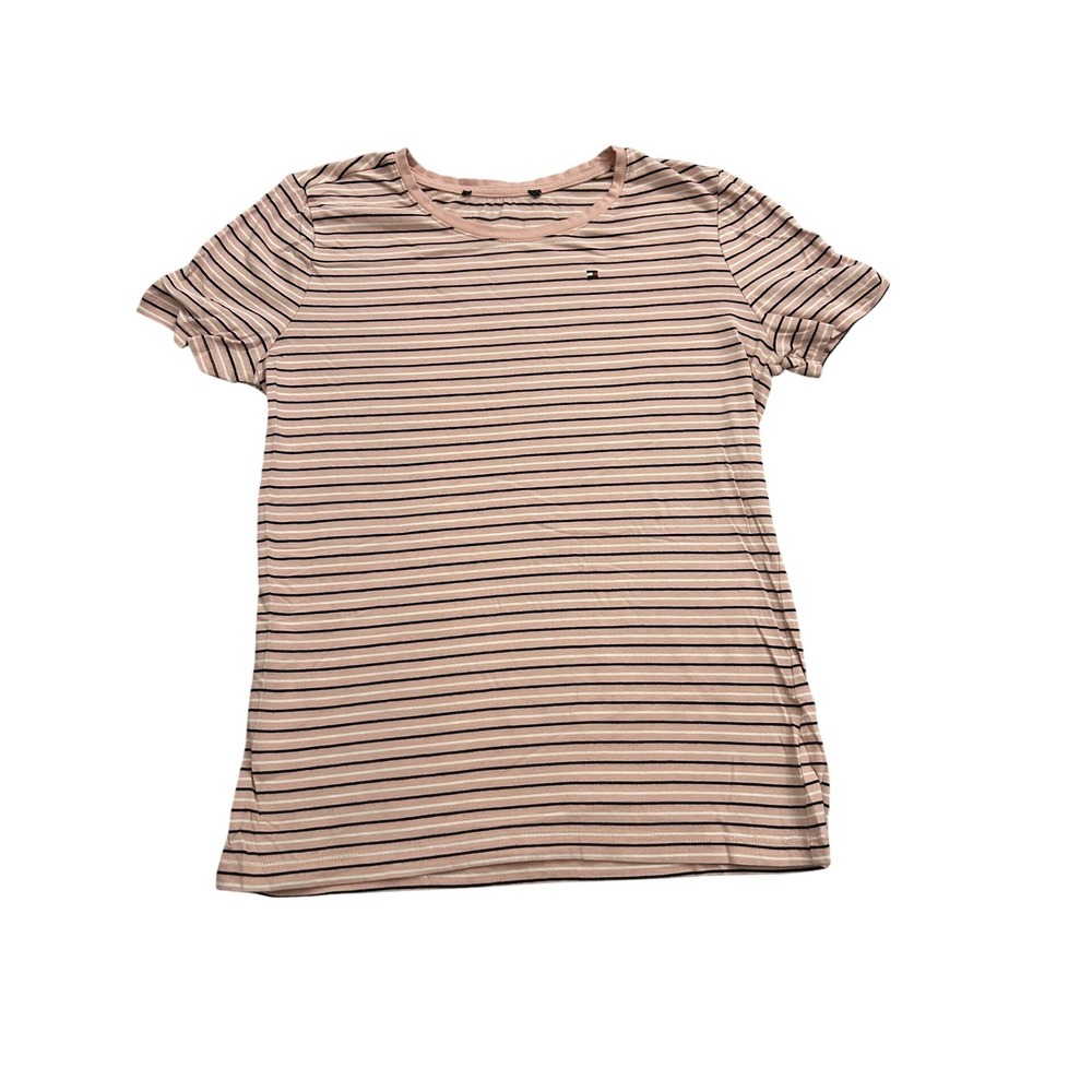 Tommy Hilfiger T-Shirt Womens Small Pink‎ Striped Excellent Crew Neck Logo Tee